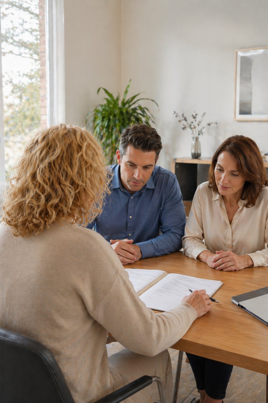 Two professionals interview a woman with curly blonde hair seated at a wooden desk in a bright, modern office with plants and windows